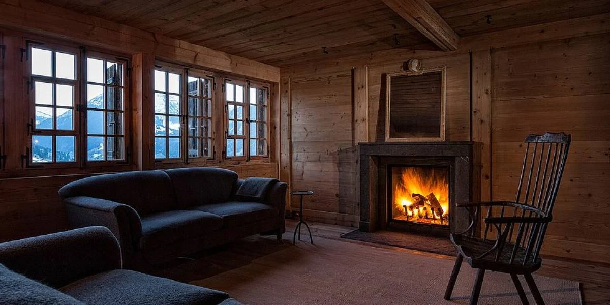 Wohnraum mit Altholzverkleidung, Kamin und Fenstern von Ludi